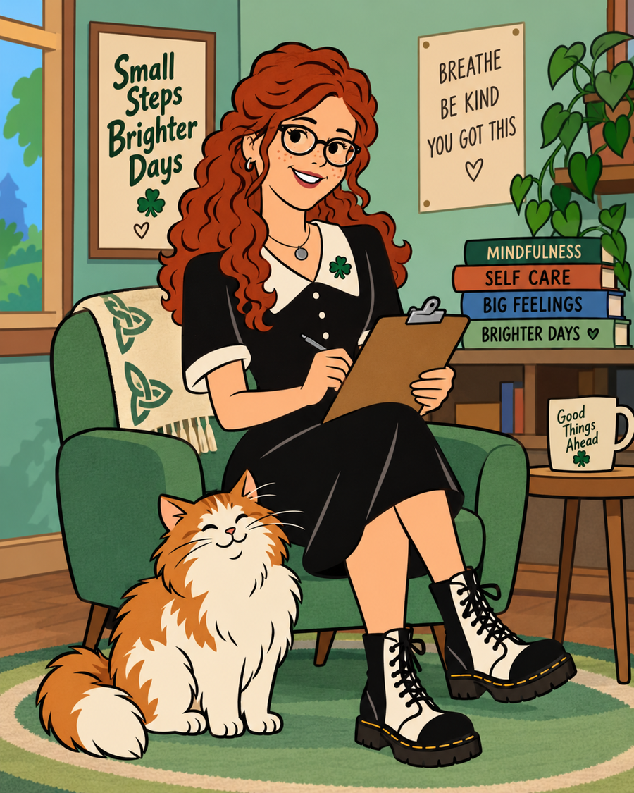Illustration of Kinsey holding a clipboard in a cozy counseling room